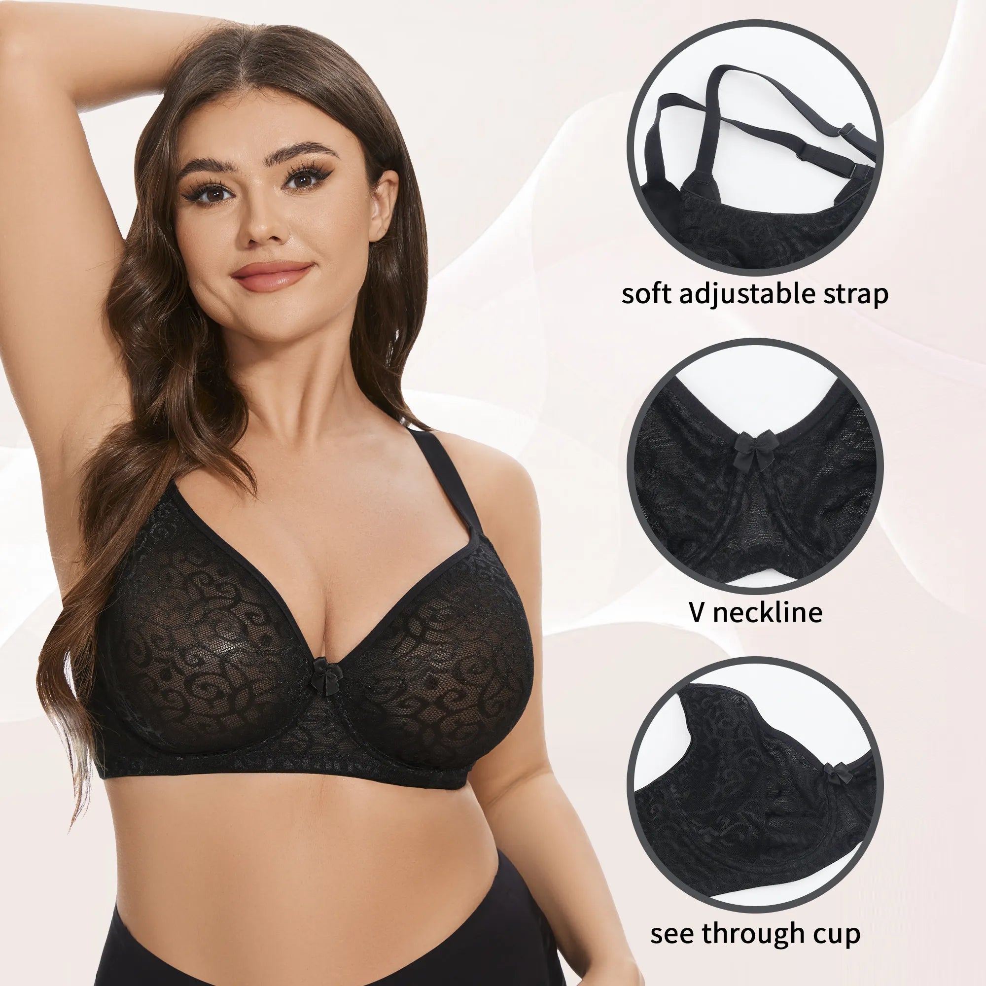 Sheroine Women's Lace Plunge See -Through Bra - Black