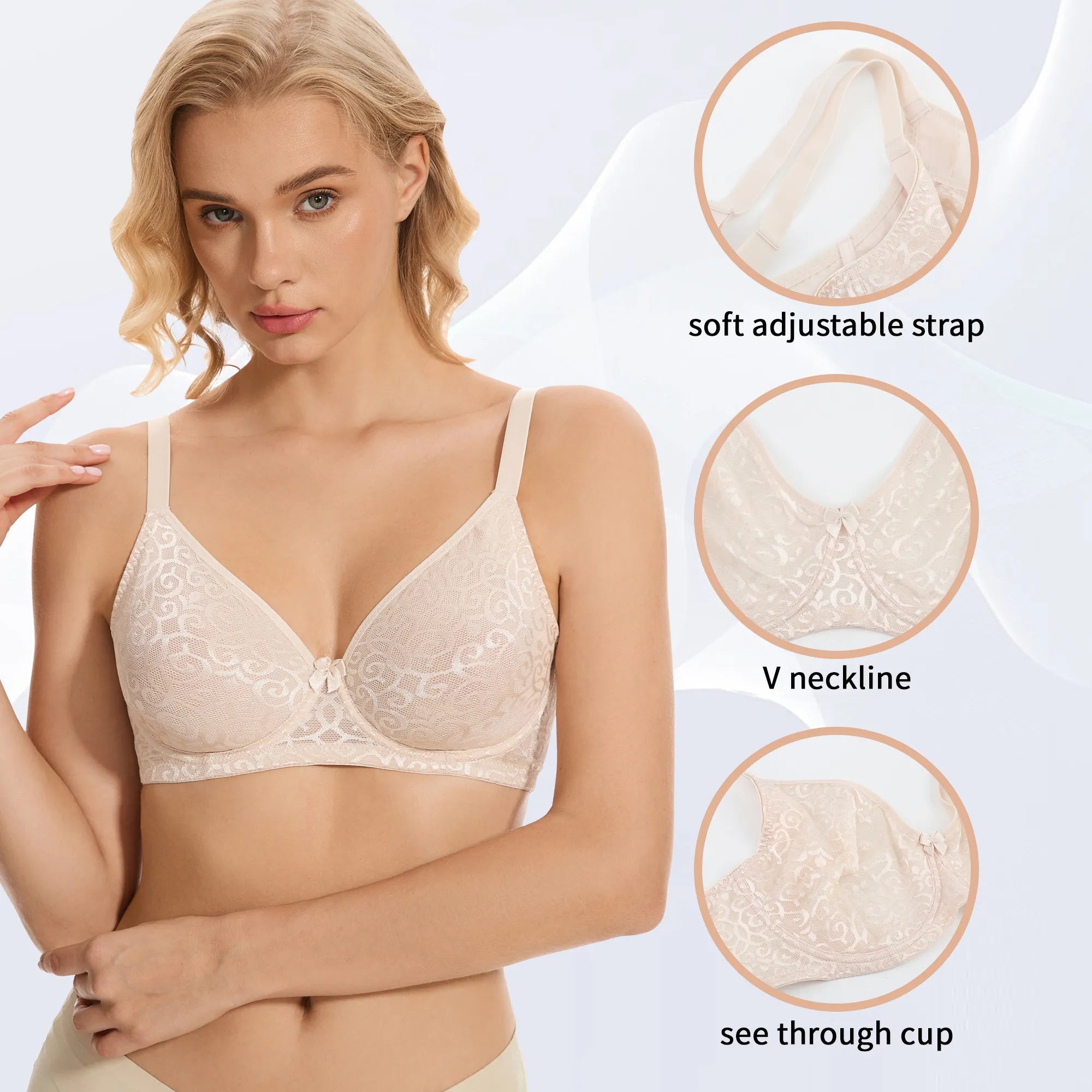 Sheroine Women's Lace Plunge See- Through Bra - Nude