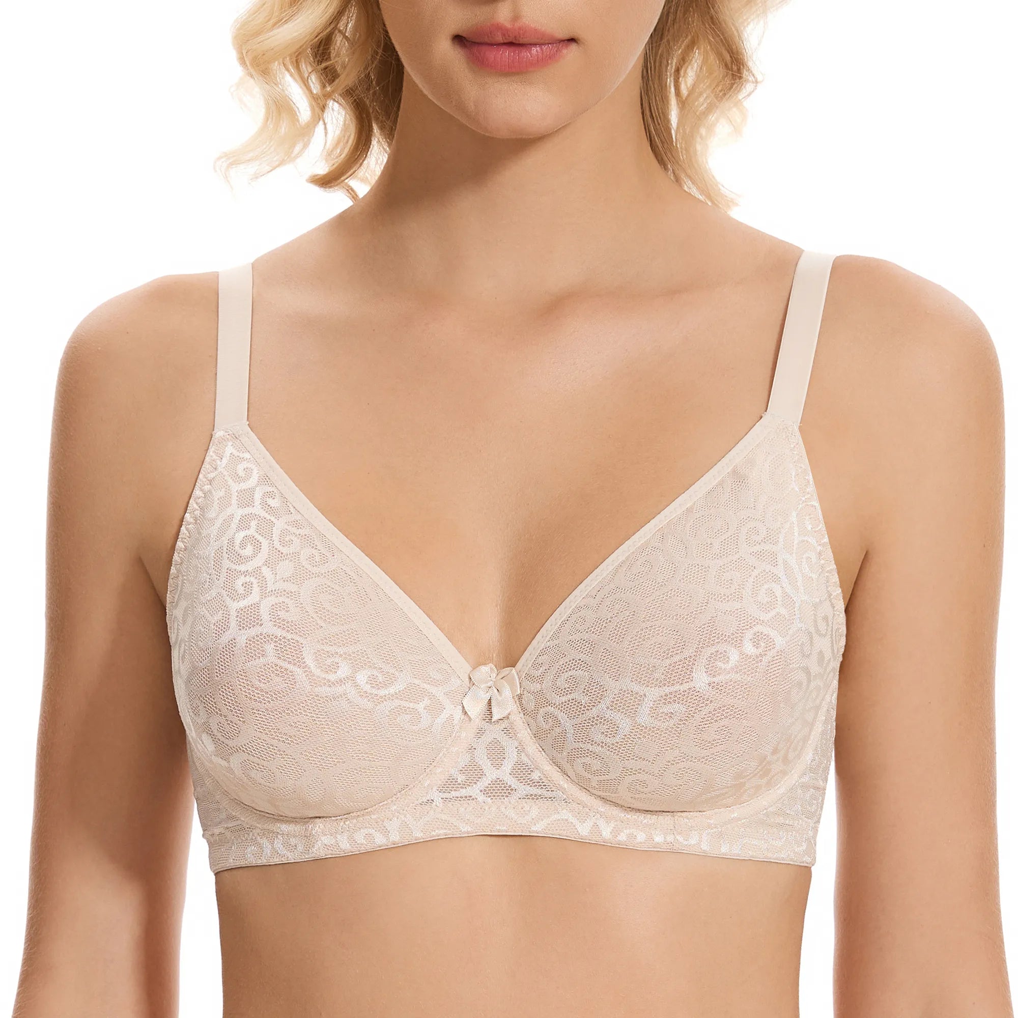 Sheroine Women's Lace Plunge See- Through Bra - Nude