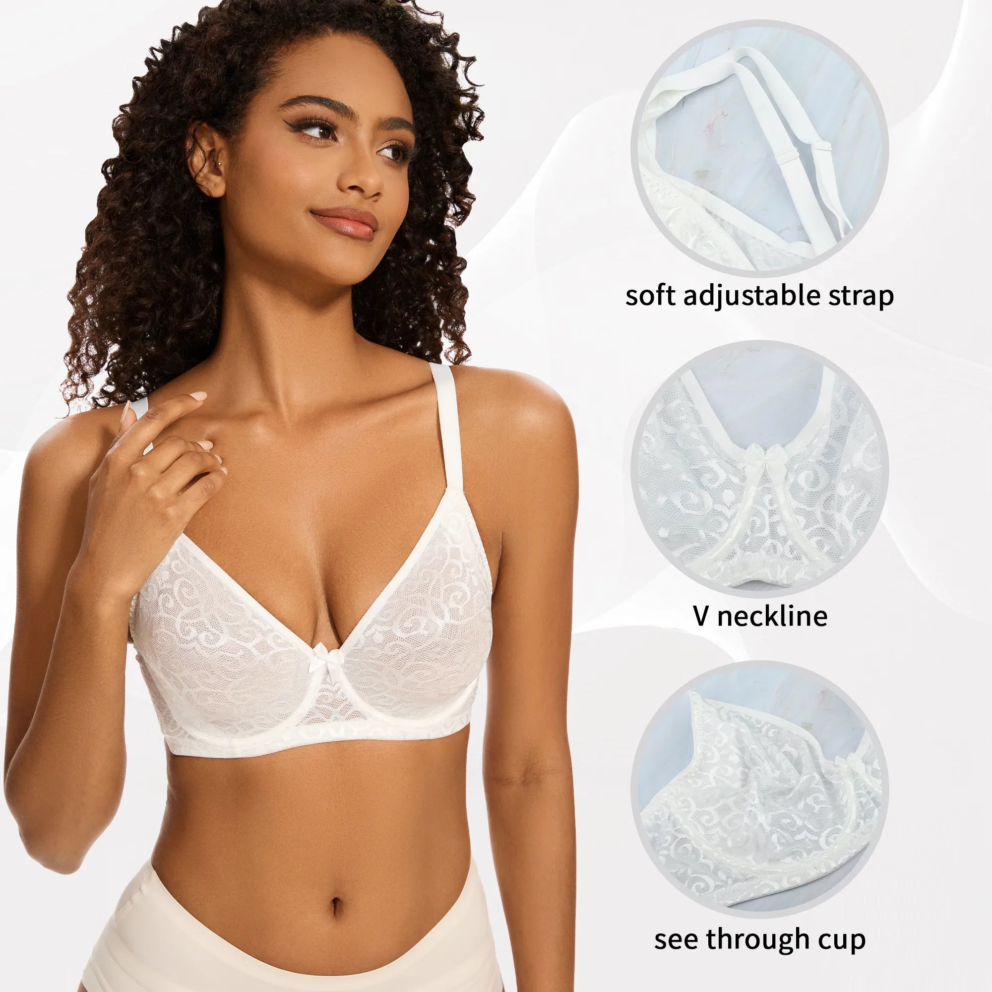Sheroine Women's Lace Plunge See- Through Bra - White