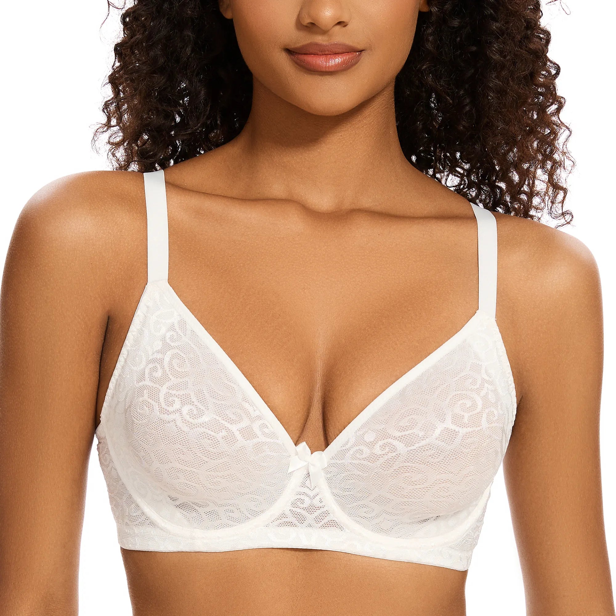 Sheroine Women's Lace Plunge See- Through Bra - White