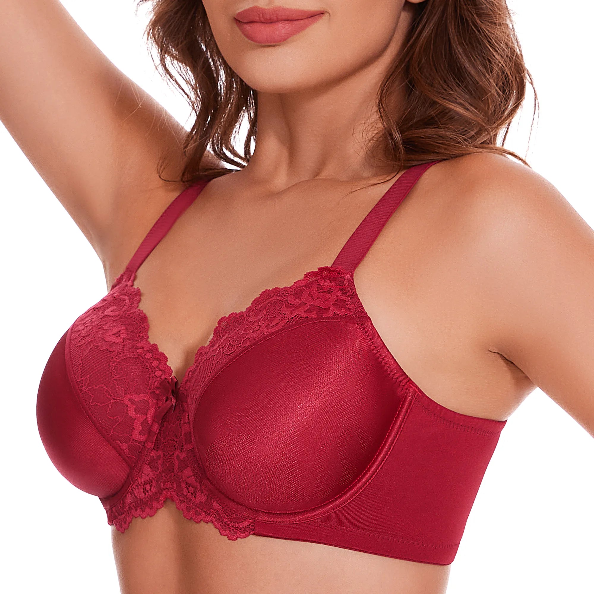 Plus Size Underwire Lace Floral Minimizer Bra - Cherry Red