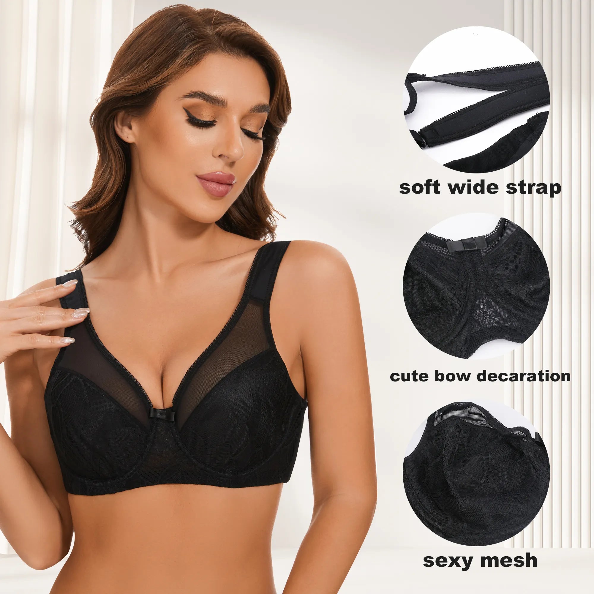 Sheroine Underwire Lace Minimizer Plus Size Lifting Bra - Black