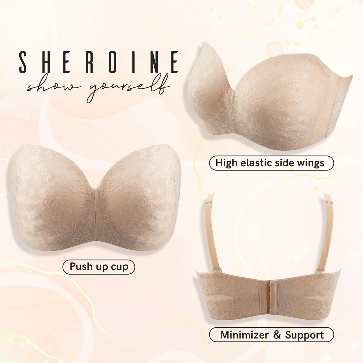 38dddd Sheroine Plus Size Strapless Push Up Jacquard Underwire Bra - Nude