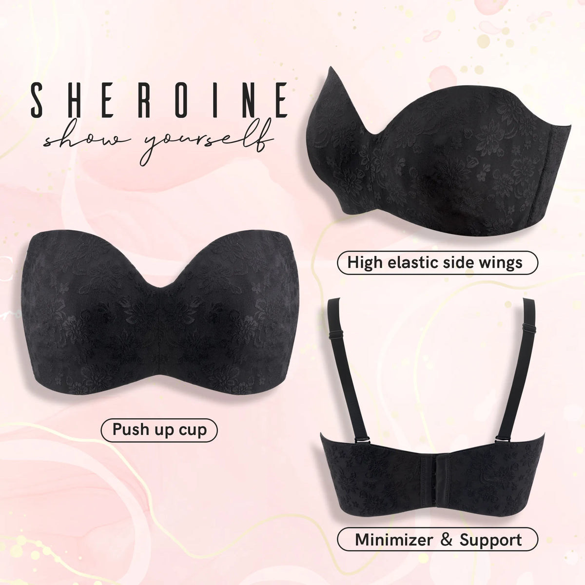 38dddd Sheroine Plus Size Strapless Push-Up Underwire Bra - Black Jacquard