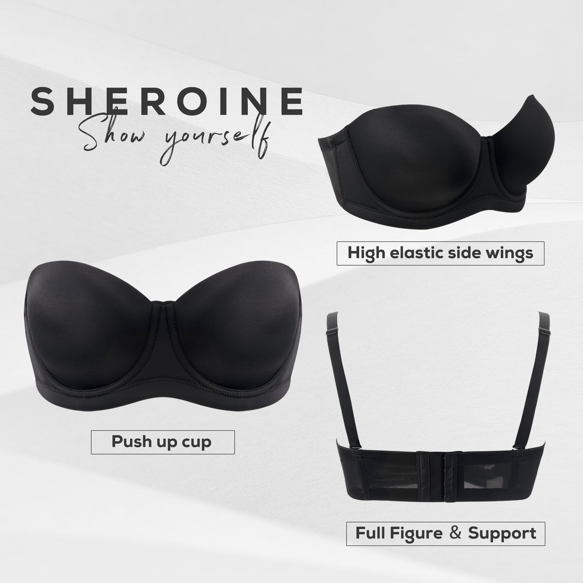 38dddd Sheroine Strapless Plus Size Underwire Bra - Black