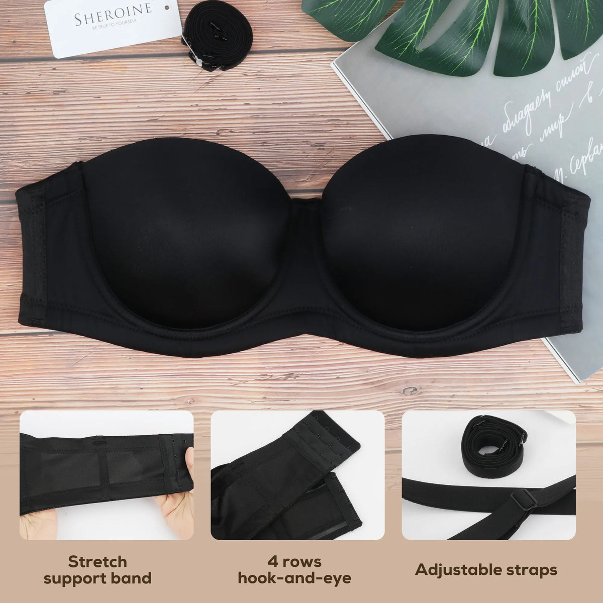 38dddd Sheroine Strapless Plus Size Underwire Bra - Black