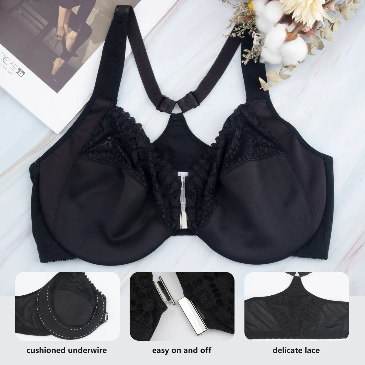 38dddd Sheroine Plus Size Underwire Front Closure Racerback Bra - Black