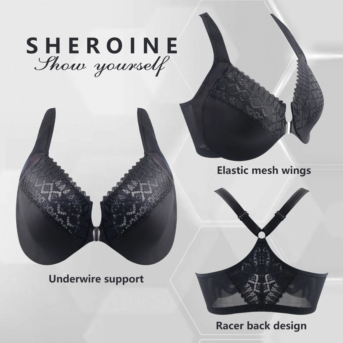 38dddd Sheroine Plus Size Underwire Front Closure Racerback Bra - Black