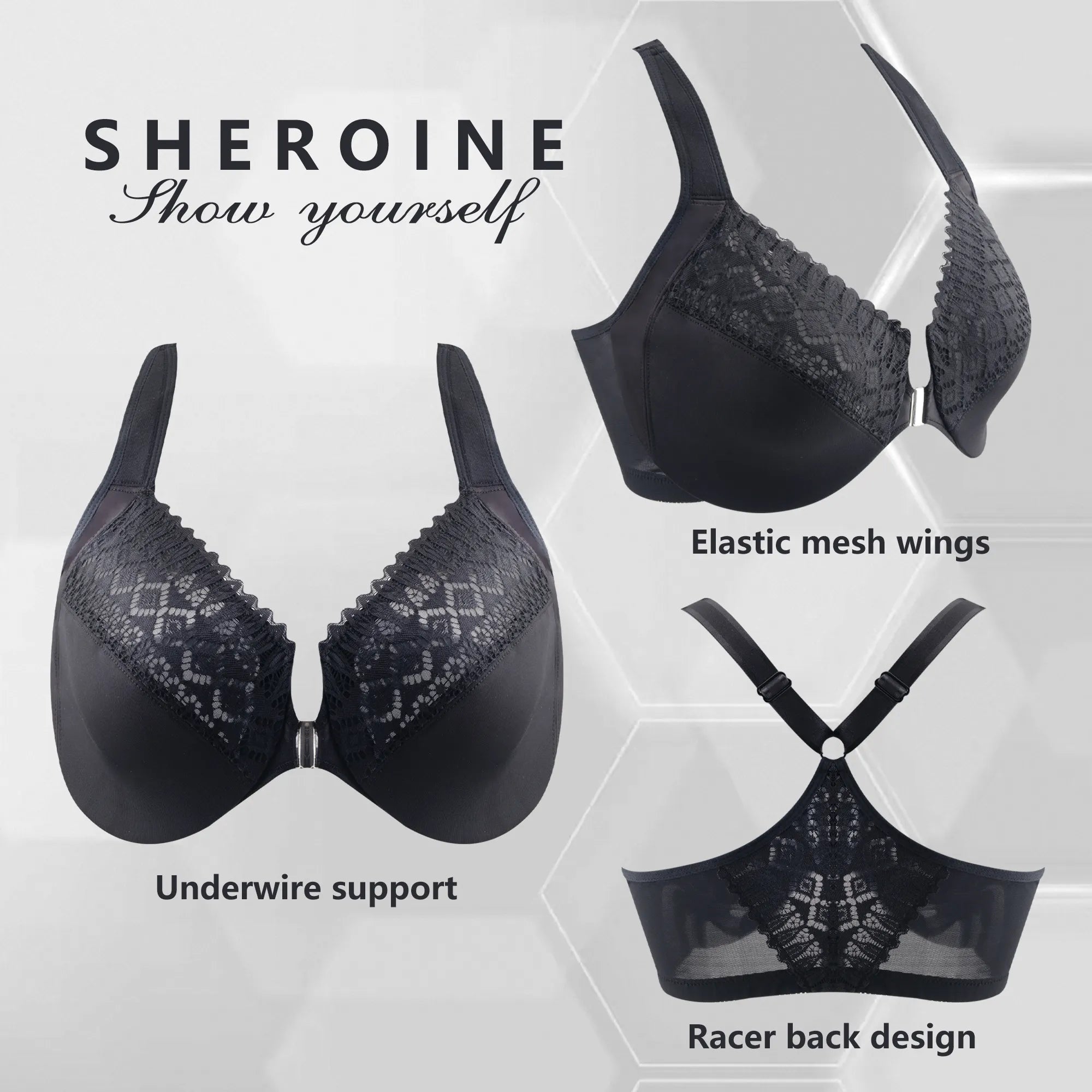Sheroine Underwire Front Closure Racerback Bra - Black