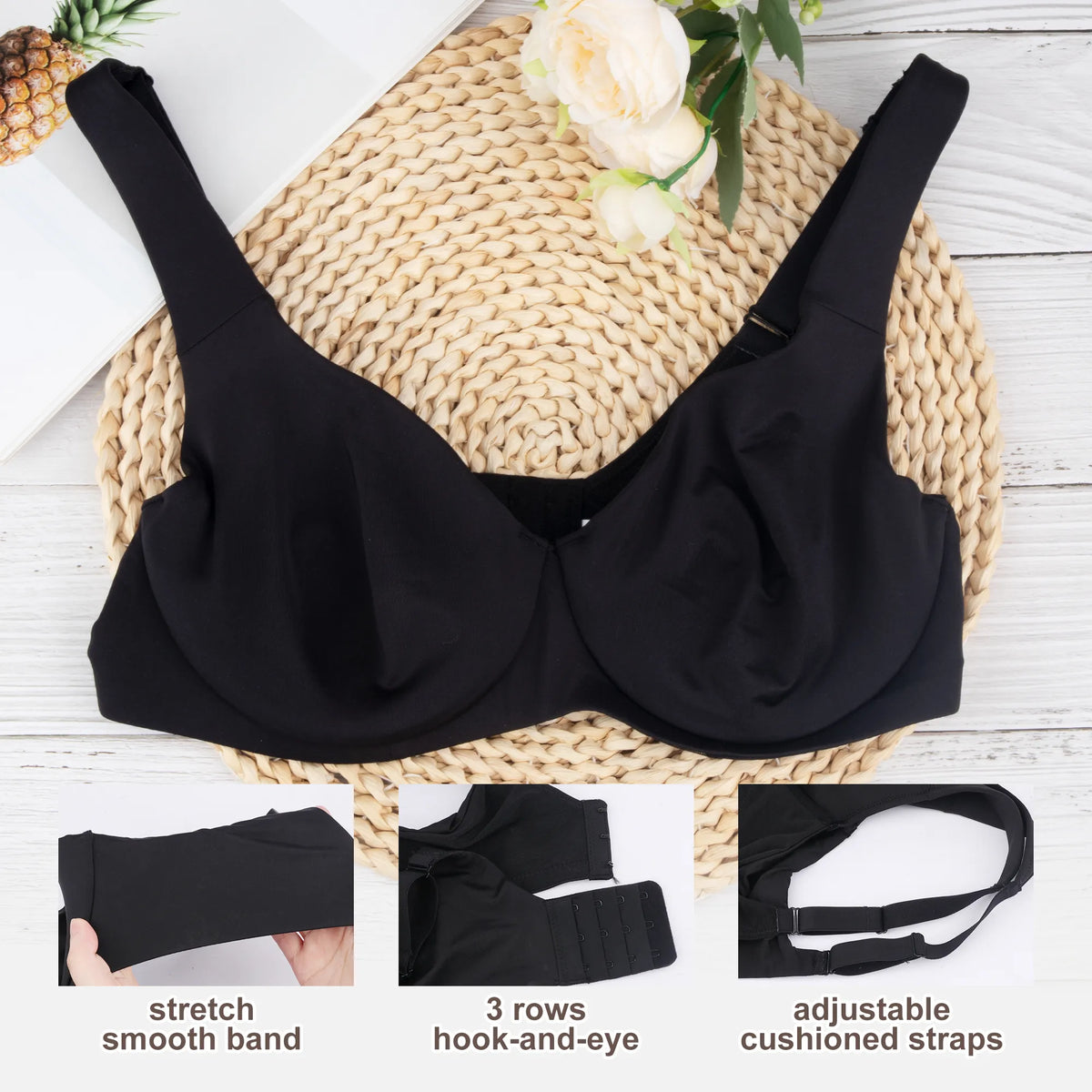 38dddd Sheroine Plus Size Underwire Seamless Full Coverage Bra - Black