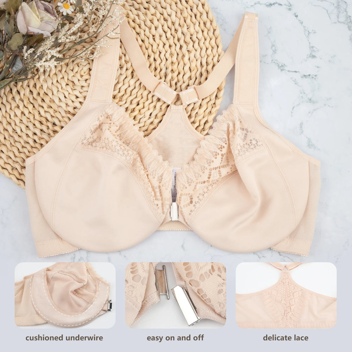 38dddd Sheroine Plus Size Underwire Front Closure Racerback Bra - Nude