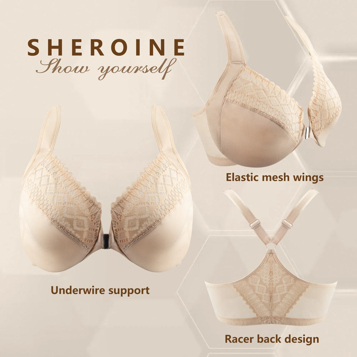 38dddd Sheroine Plus Size Underwire Front Closure Racerback Bra - Nude