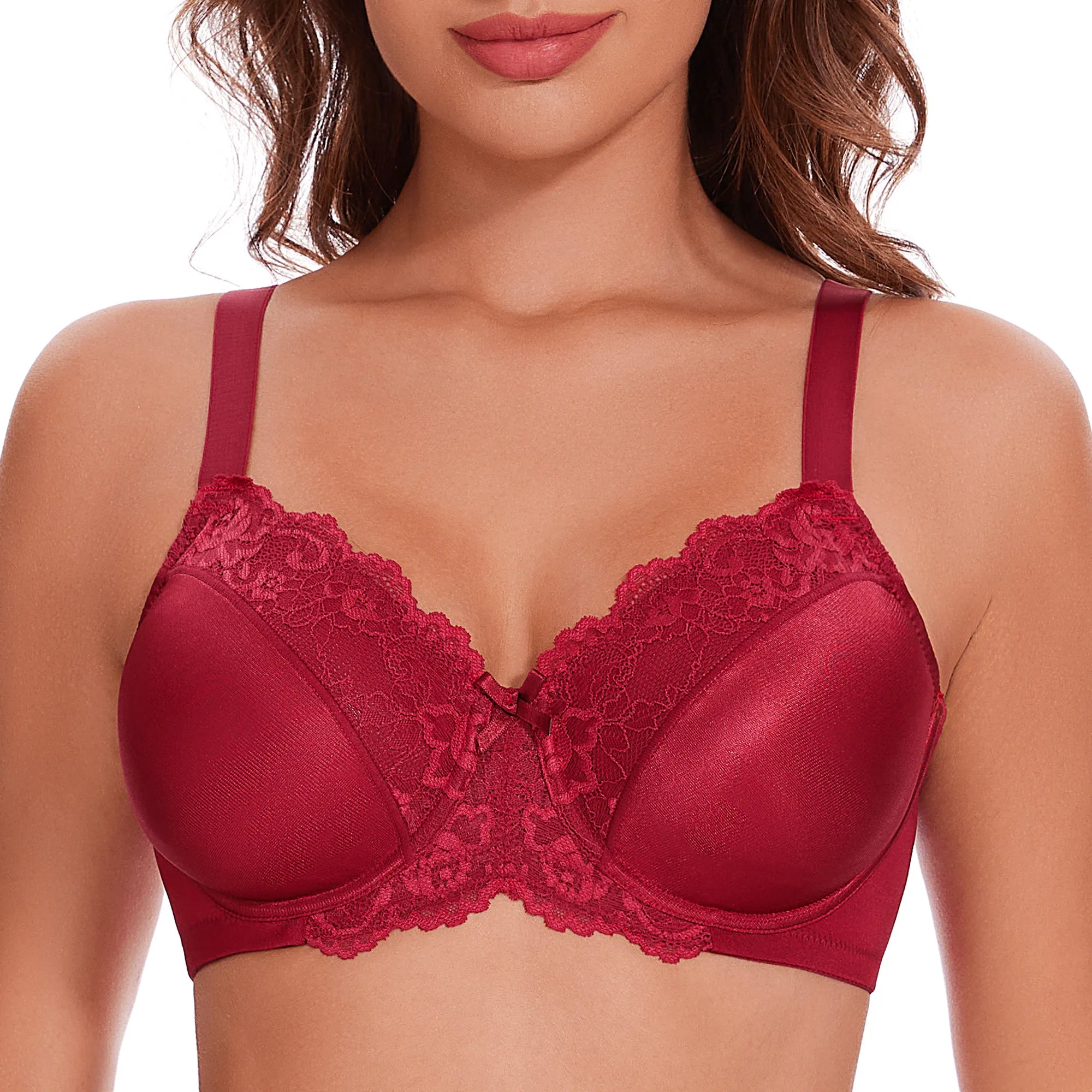 Underwire Lace Floral Minimizer Bra - Cherry-red