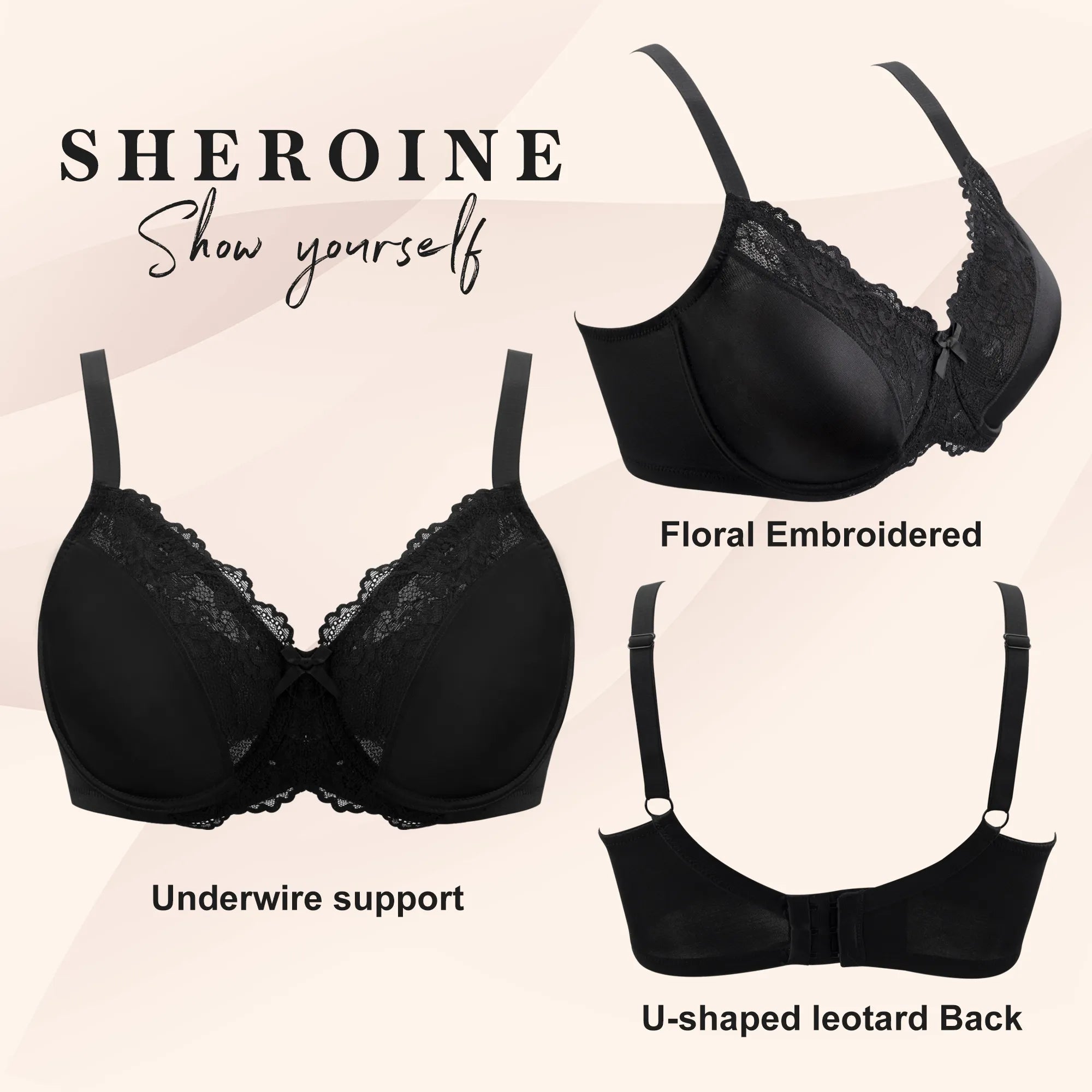Plus Size Underwire Lace Floral Minimizer Bra - Black