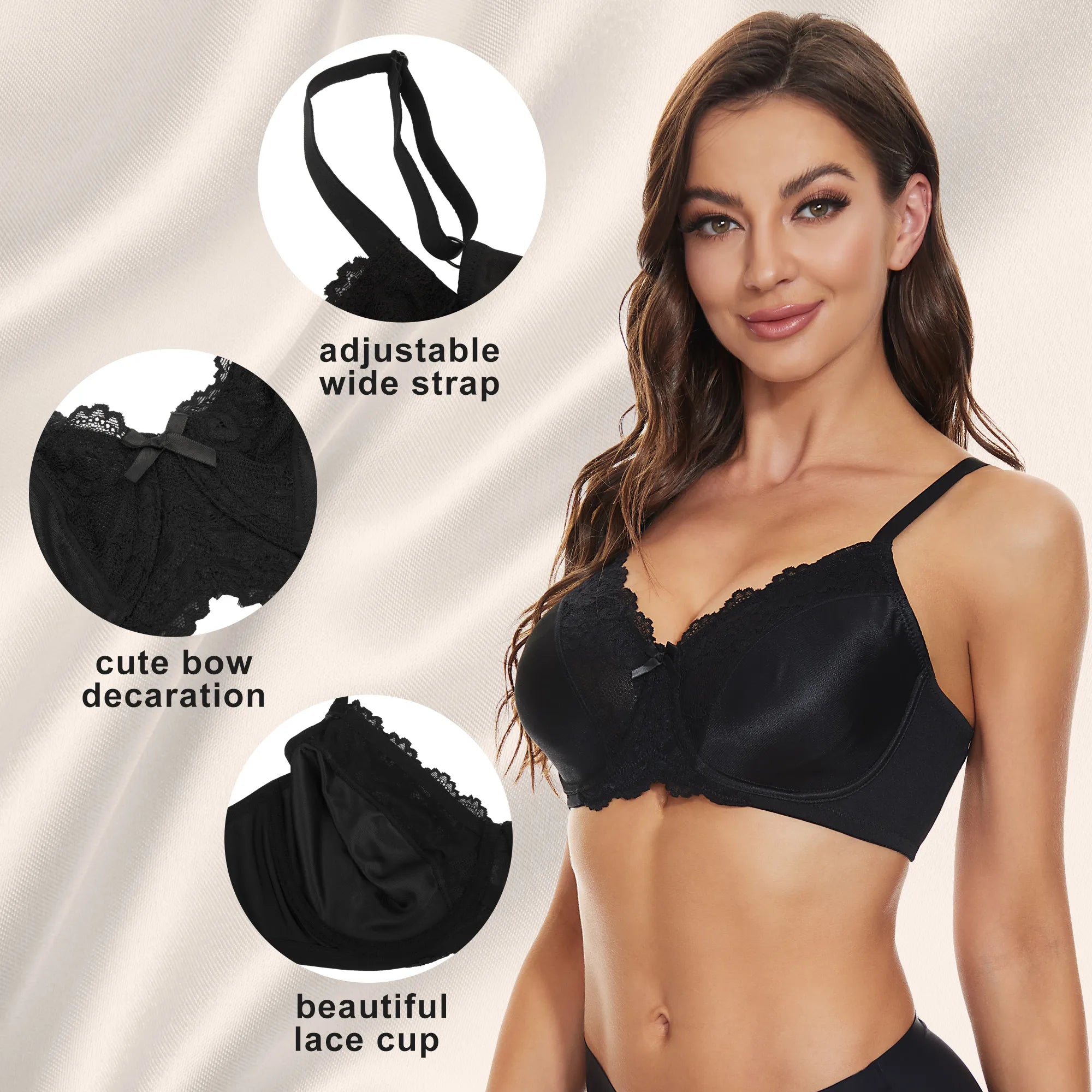 Plus Size Underwire Lace Floral Minimizer Bra - Black